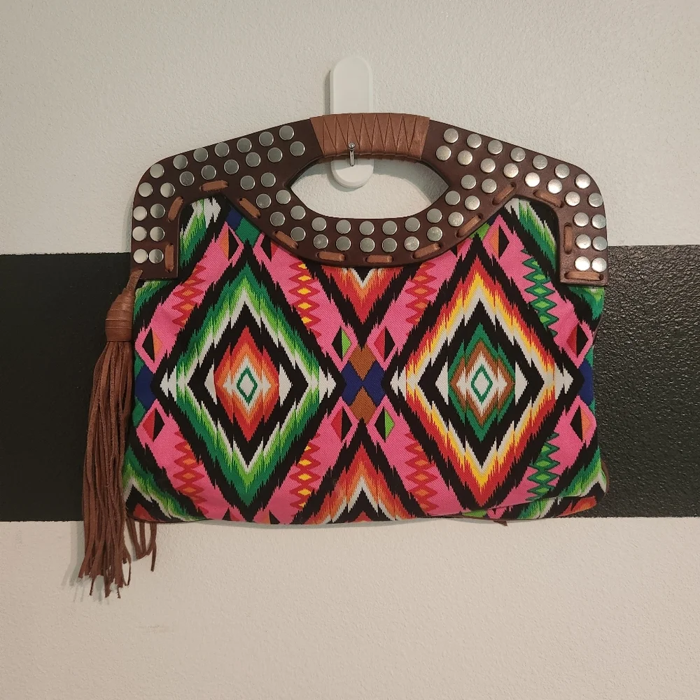 Cynthia Vincent Vibrant Patterned Clutch Handle Bag with Studs - Picture 3 of 12